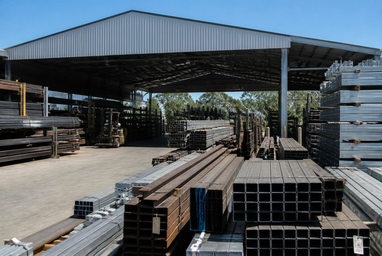 Steel supply yard in Beerwah stocked with structural steel, tube and galvanised sections